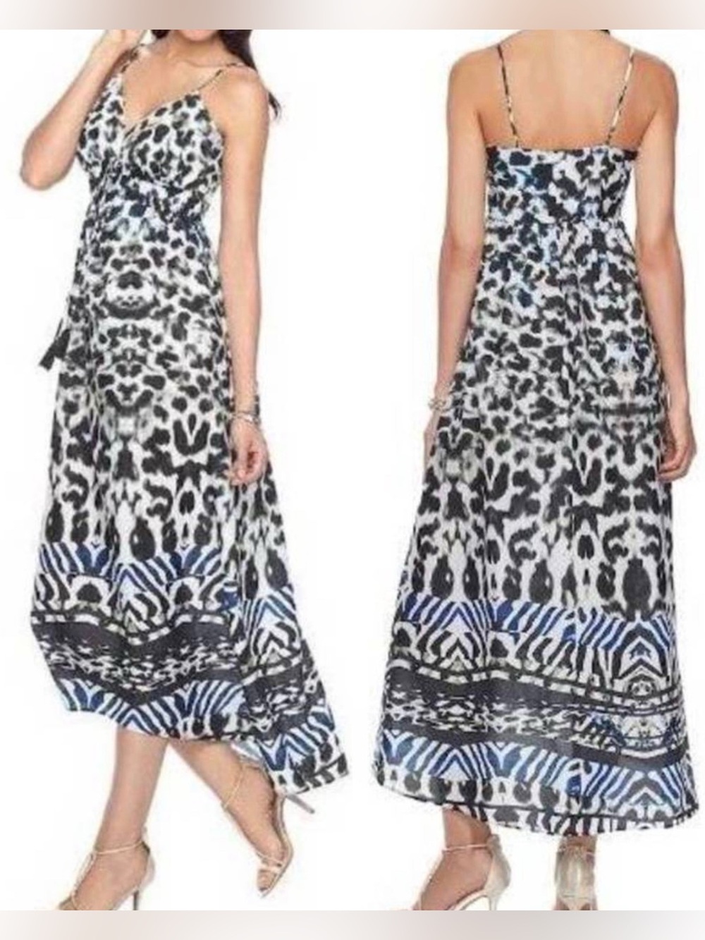 Jennifer Lopez Black and White Leopard Print Maxi Dress with Blue Trim MEDIUM